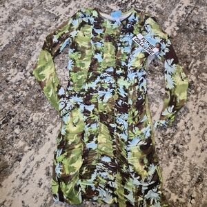 Future Collective Green, Brown Floral Print Long Sleeve Dress Size L